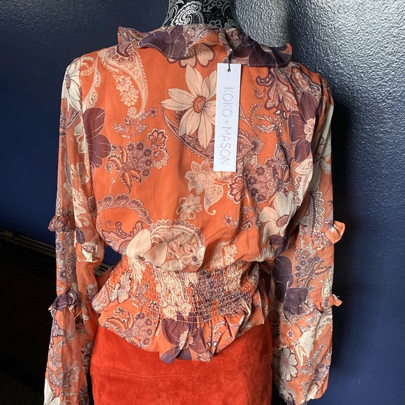 Y2K KOKO & MASON RUST DEEP V NECK AND RUFFLE BLOUSE M NWOT - Picture 2 of 8